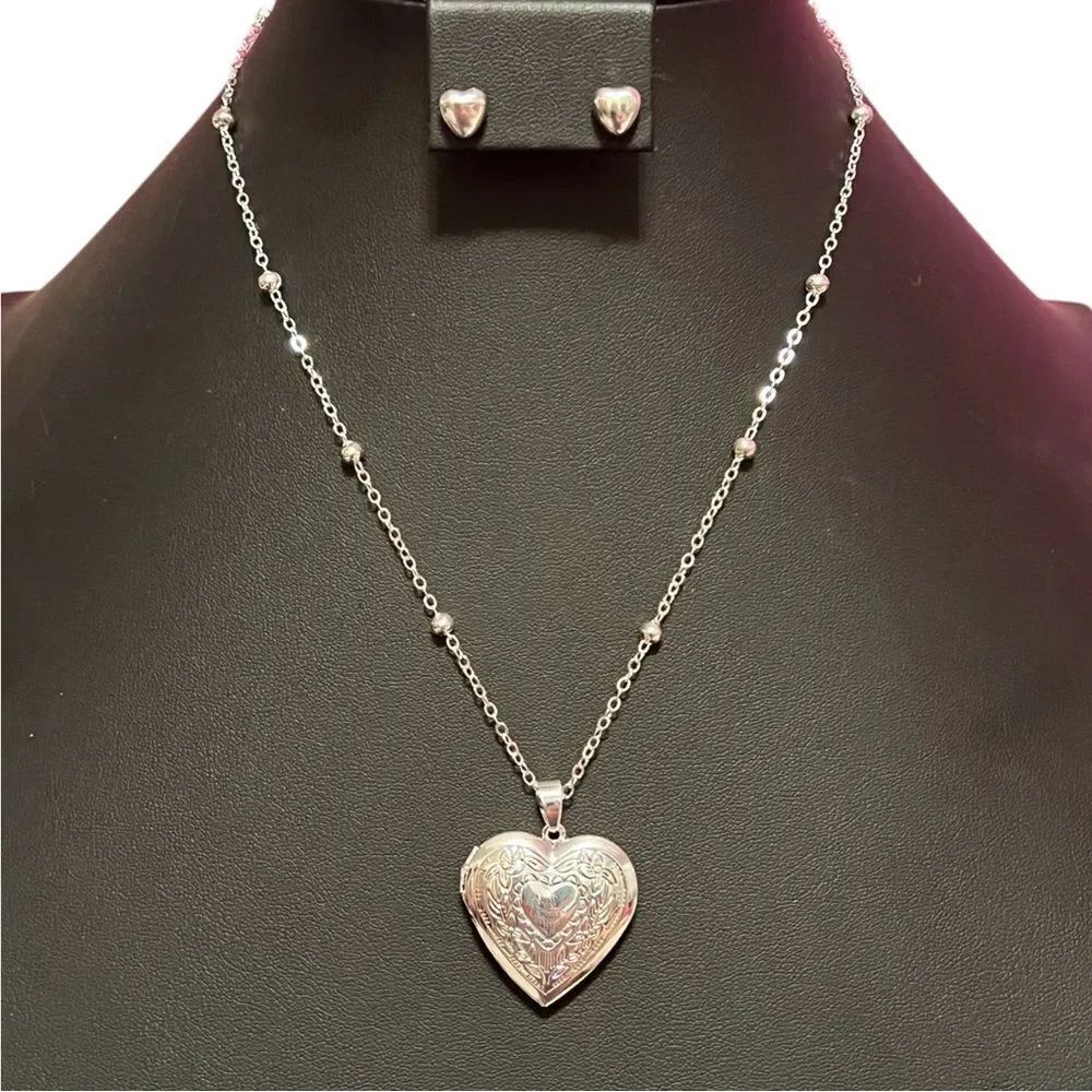 Heart Locket Silver Tone Necklace and Earring Set